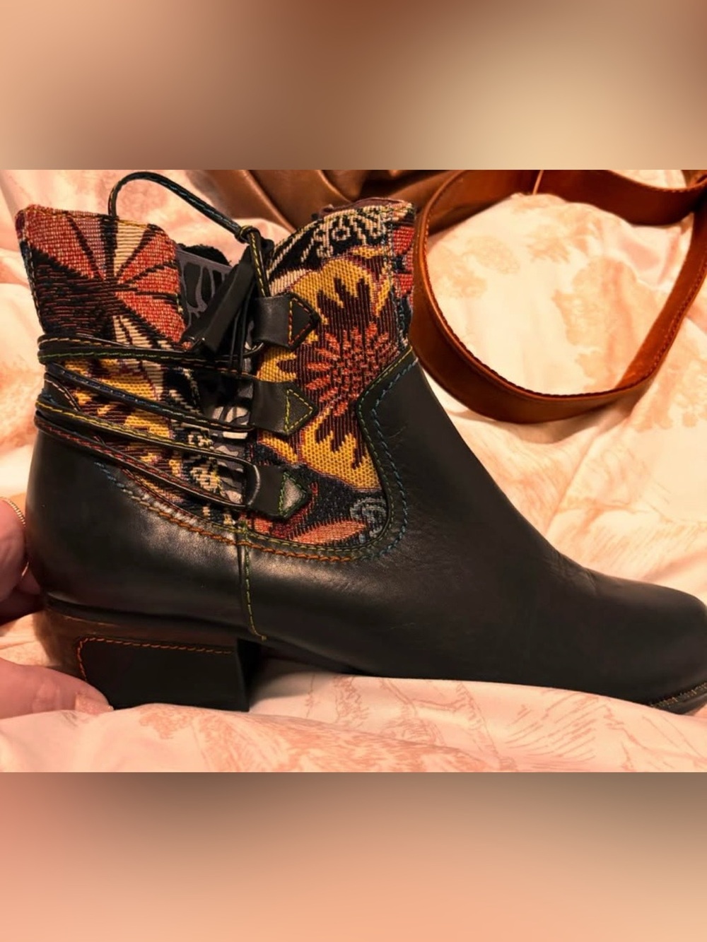 L'ATISTE Black Leather Ankle Boot with Multicolor Floral Textile Panel